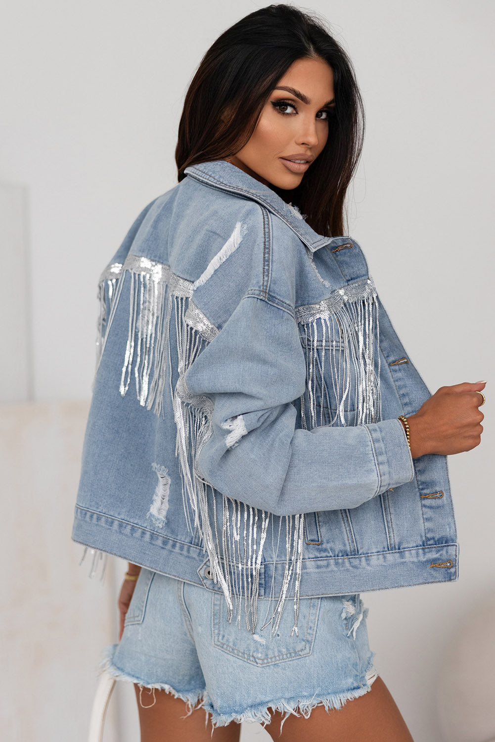 Lexie Fringe Trim Button Up Denim Jacket