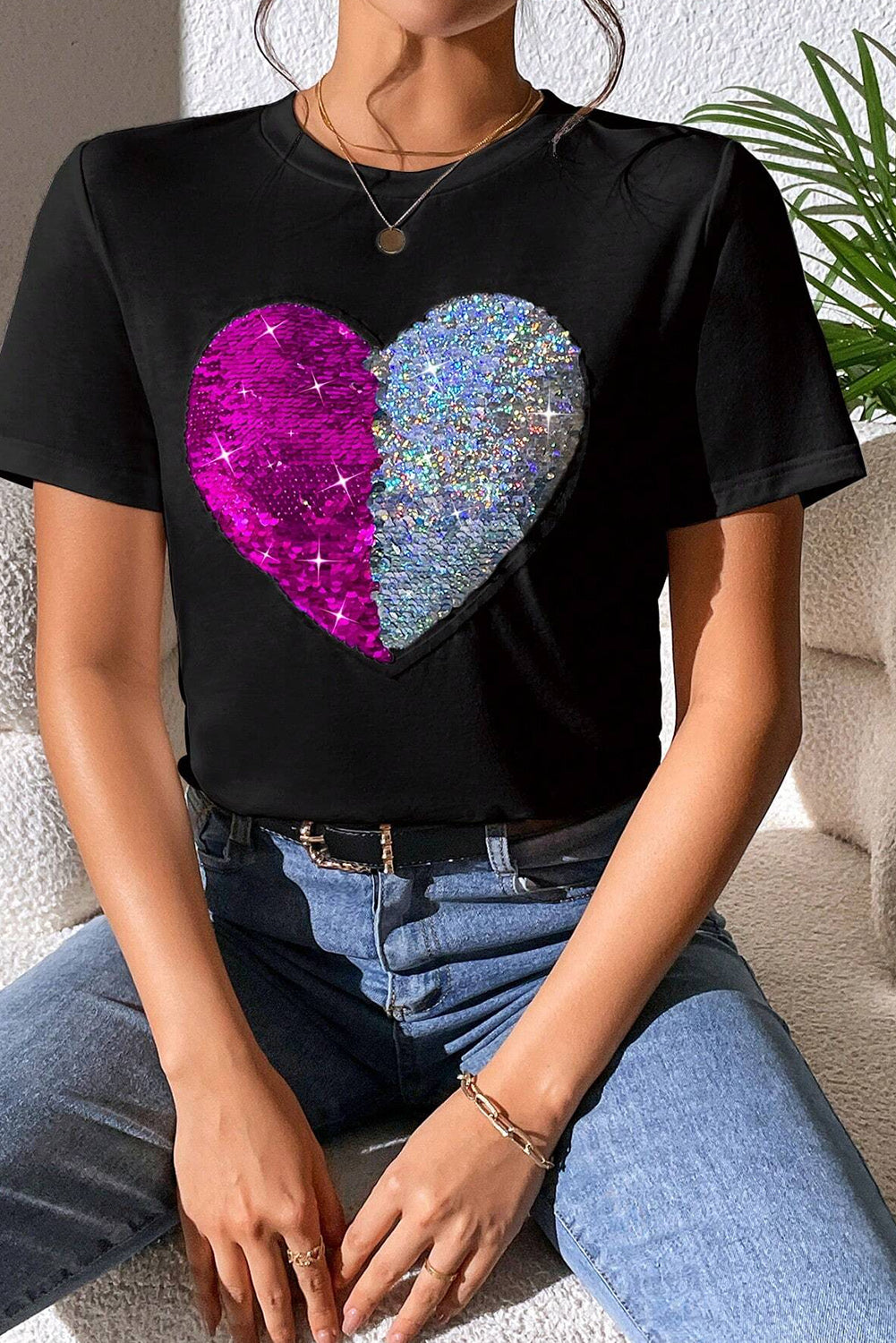 Heart Sequin Round Neck Short Sleeve T-Shirt