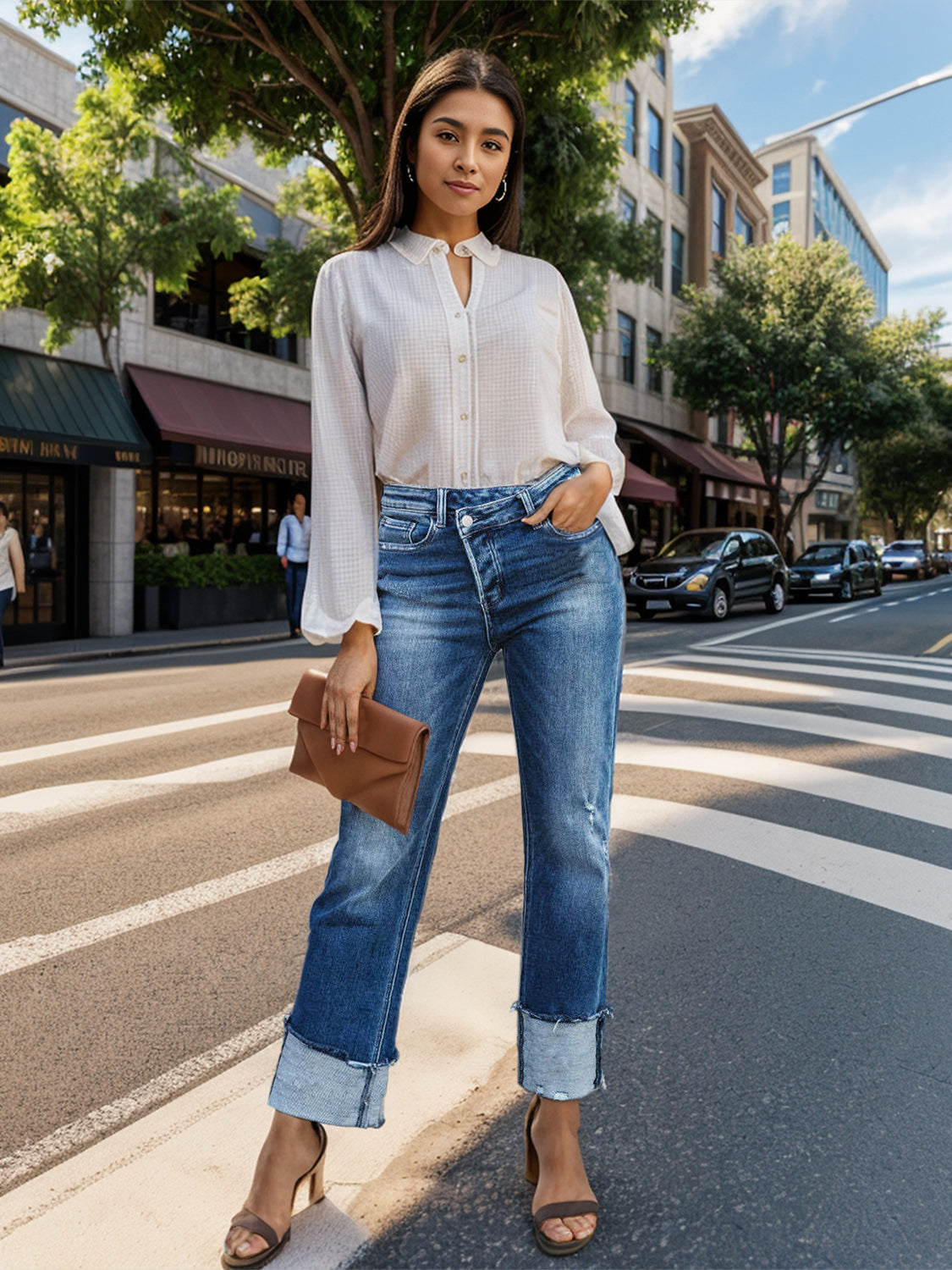 Waist Hem Rolled Straight Jeans