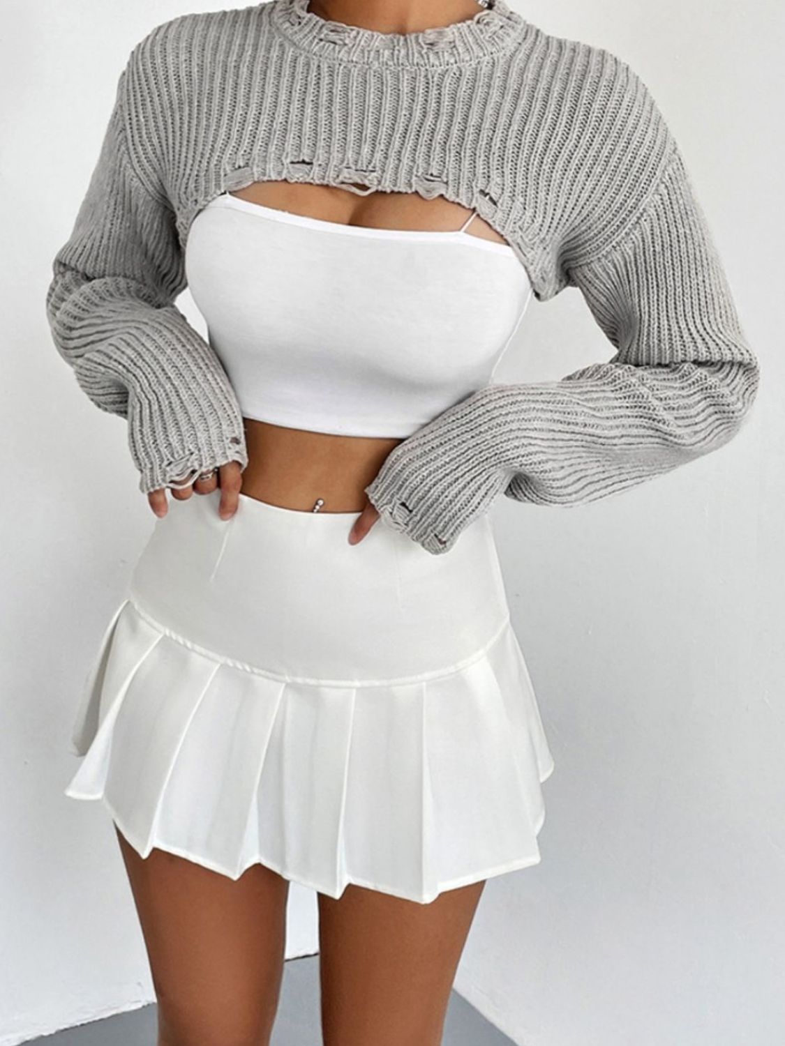 Distressed Long Sleeve Cropped Sweater