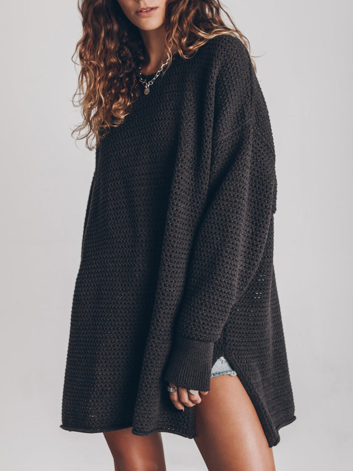 Openwork Round Neck Long Sleeve Slit Sweater