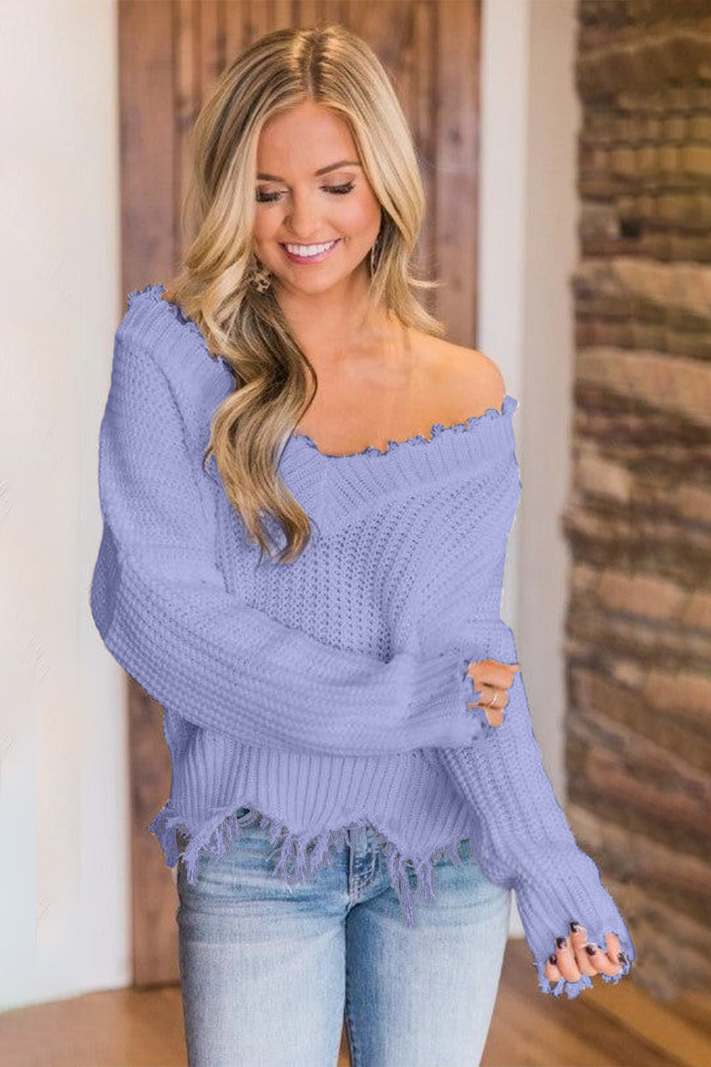 Frayed Hem Dropped Shoulder Sweater