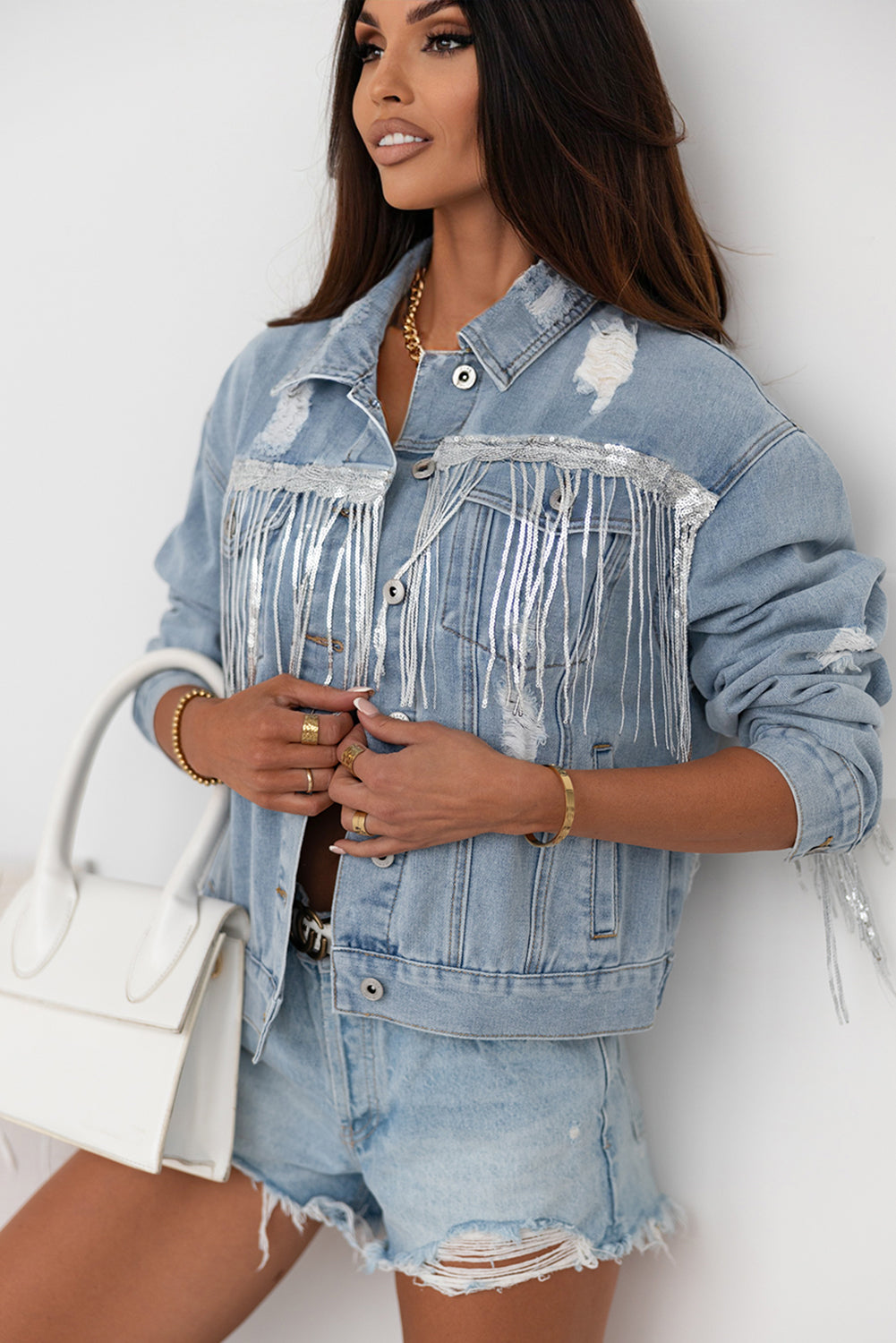 Lexie Fringe Trim Button Up Denim Jacket