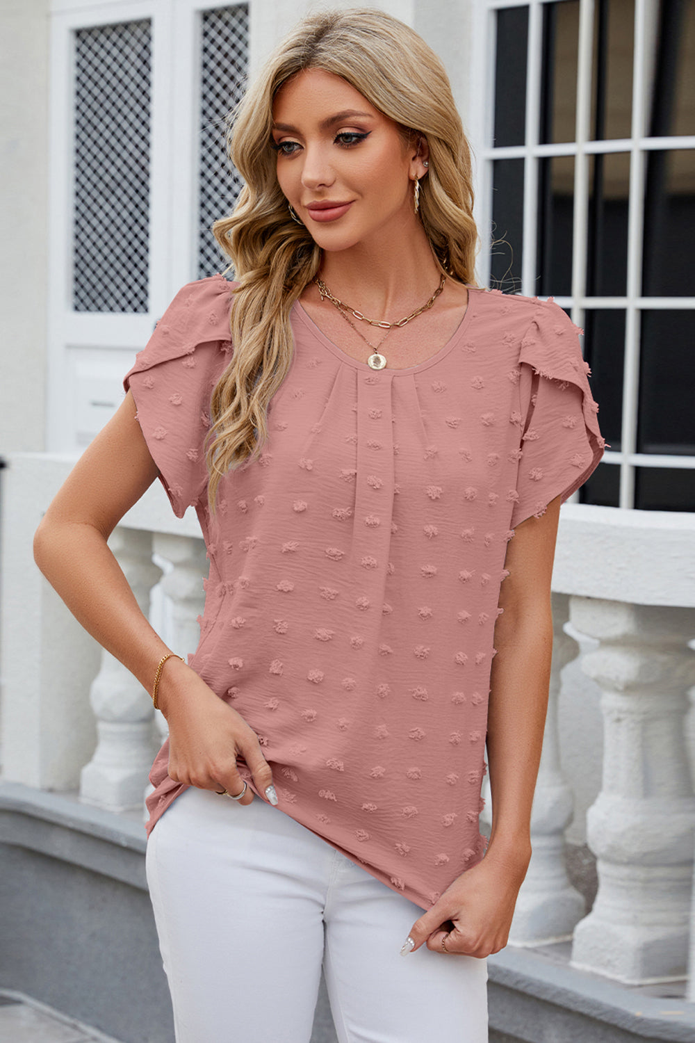 Swiss Dot Round Neck Short Sleeve T-Shirt