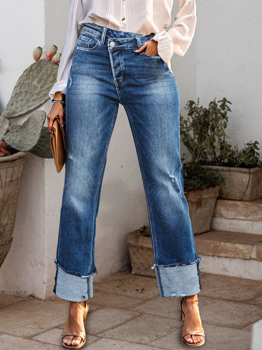 Waist Hem Rolled Straight Jeans