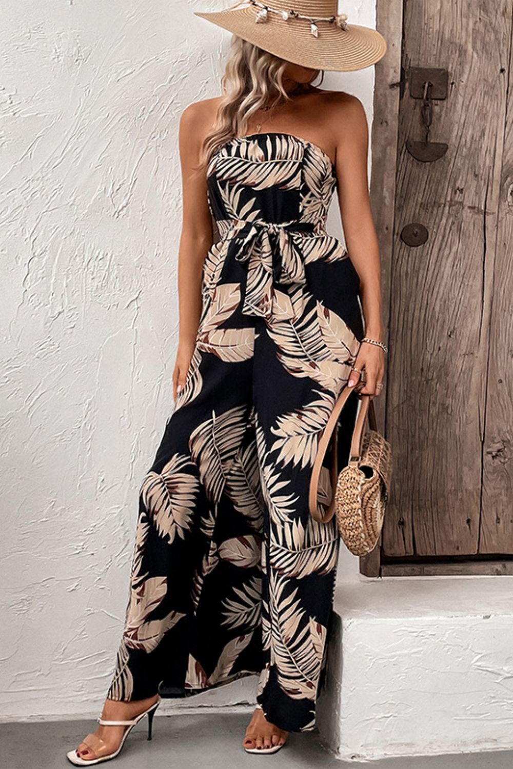 Palm Leaves Wide Leg Jumpsuit with Pockets